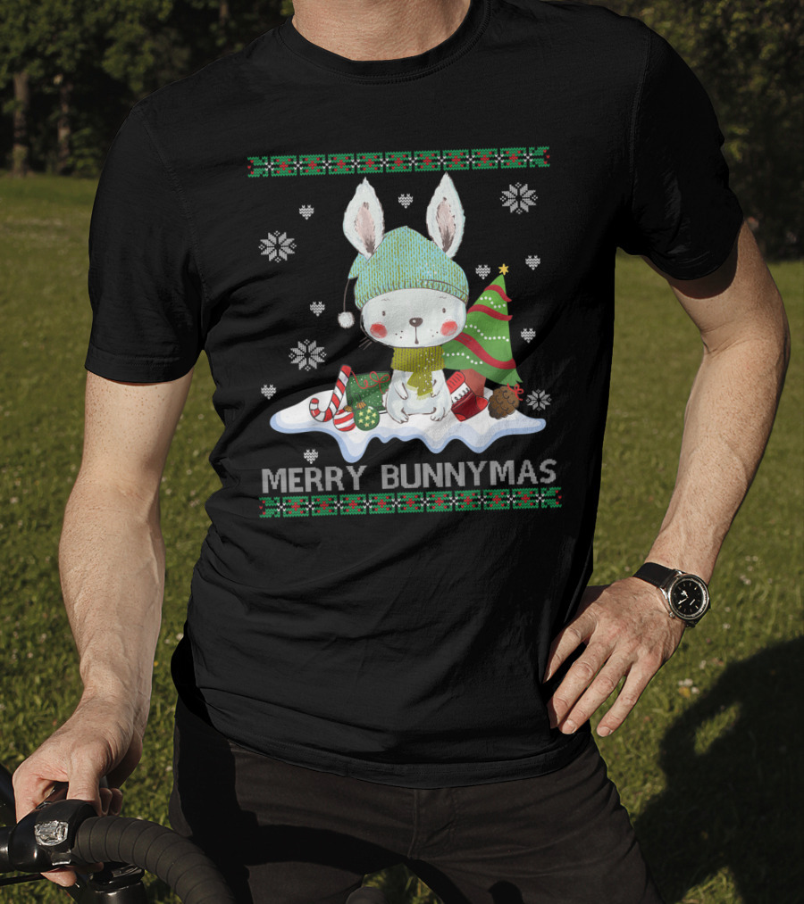 Merry Bunnymas Cute Bunny With Santa Hat And Christmas Tree T-Shirt
