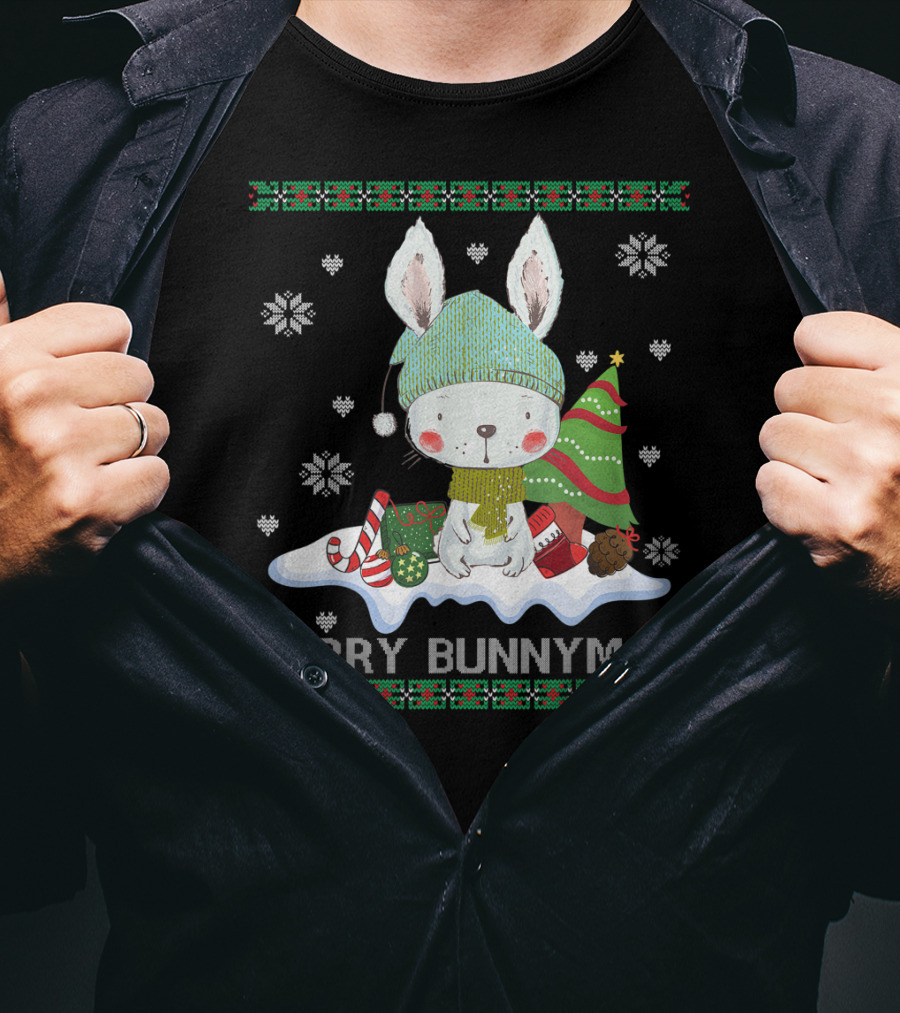 Merry Bunnymas Cute Bunny With Santa Hat And Christmas Tree T-Shirt