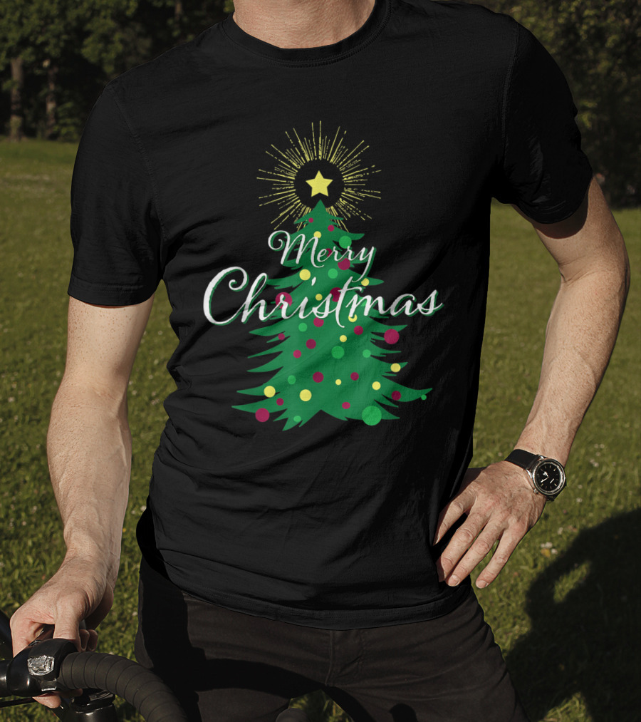 Merry Christmas Tree With Star And Colorful Ornaments For Family Party T-Shirt