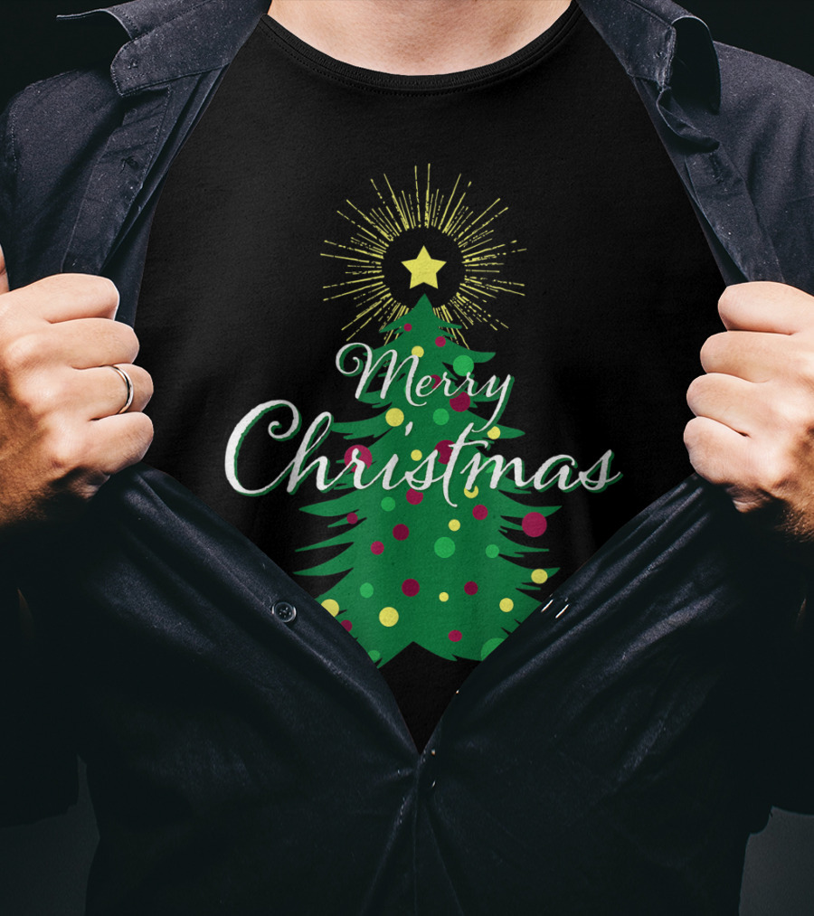 Merry Christmas Tree With Star And Colorful Ornaments For Family Party T-Shirt