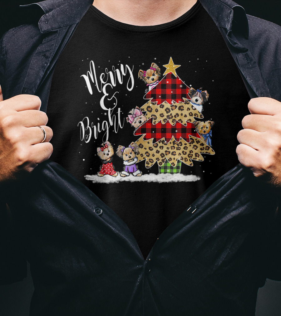 Merry Bright Plaid Leopard Christmas Tree Shih Tzu T-Shirt