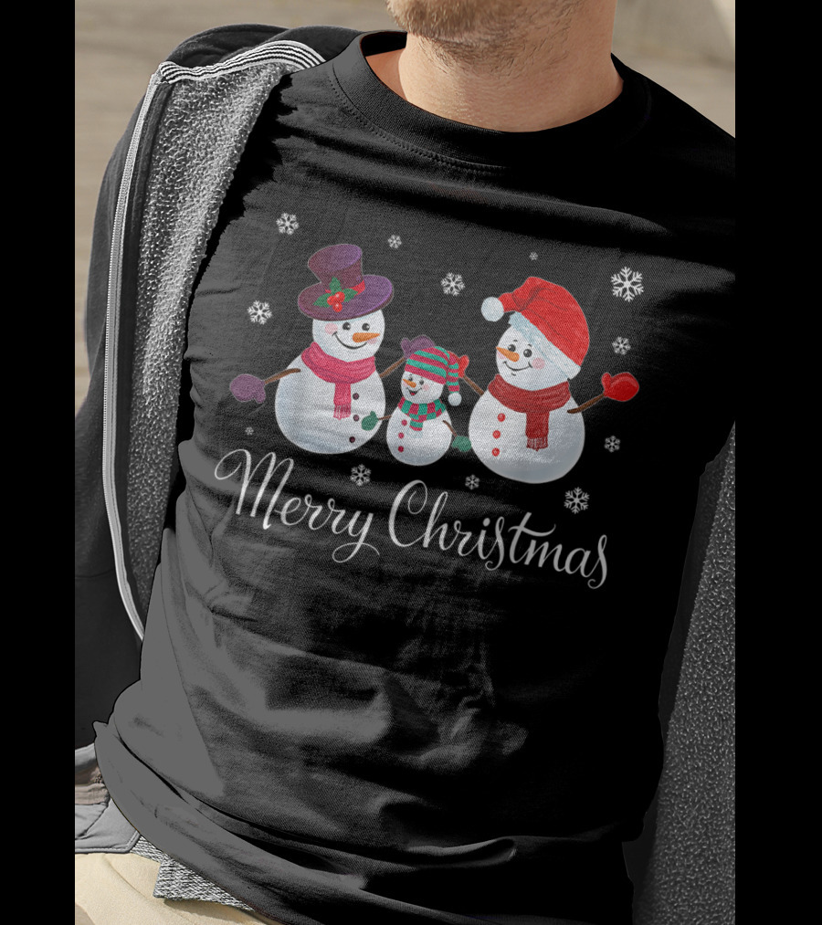 Merry Christmas Family Snowman Snowflakes Holiday Scene T-Shirt