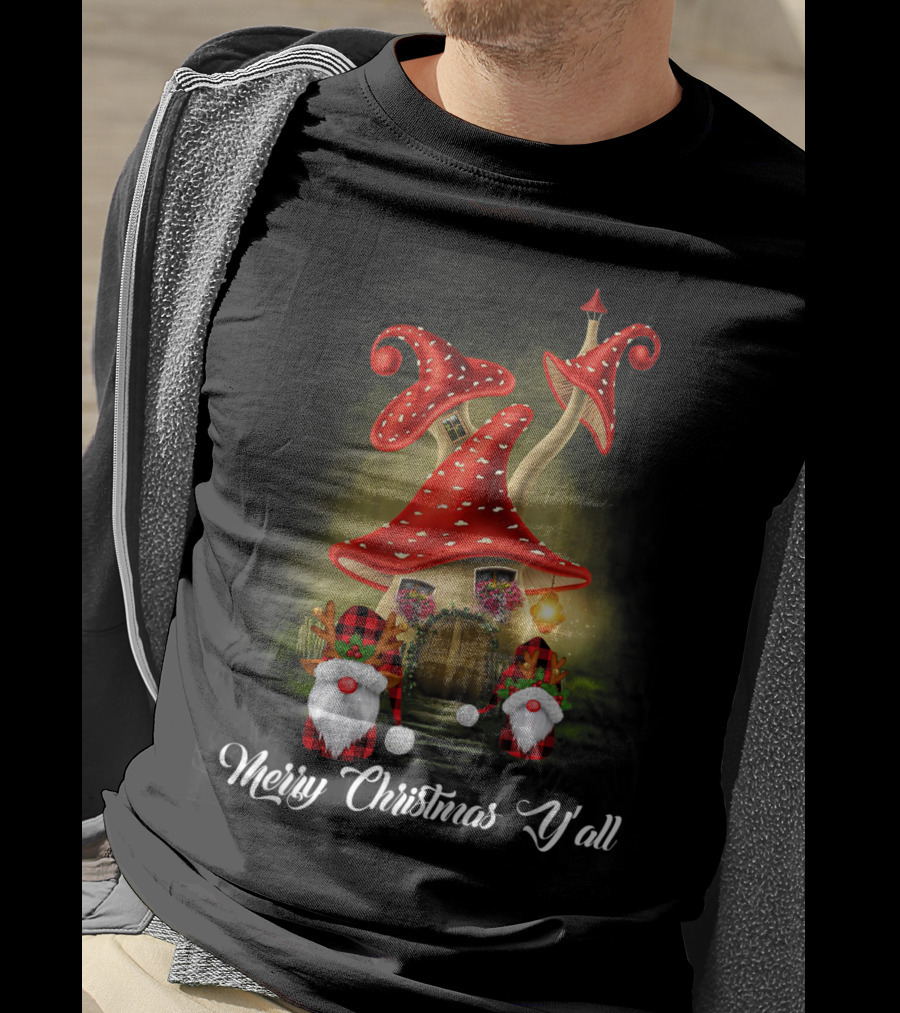 Merry Christmas Y'all Gnome Red Mushroom House T-Shirt