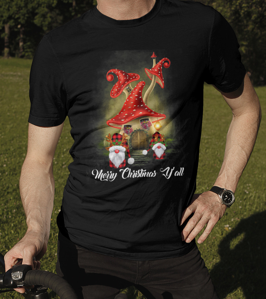 Merry Christmas Y'all Gnome Red Mushroom House T-Shirt