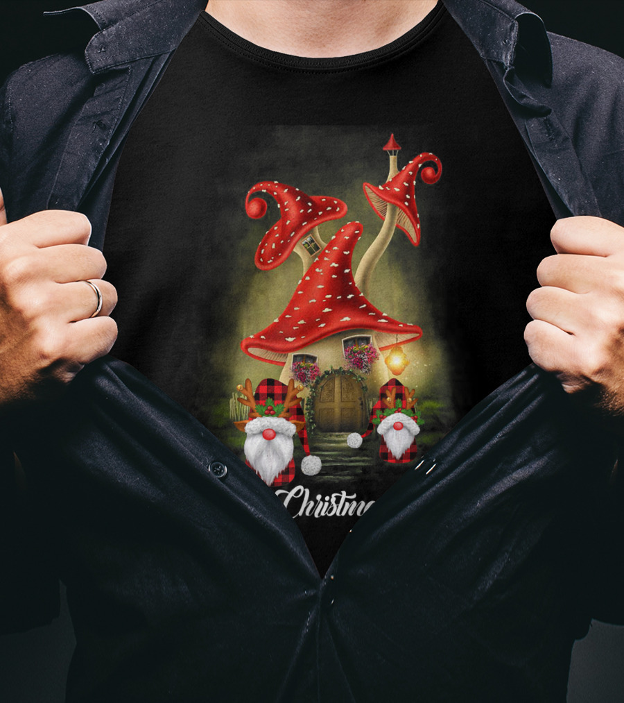 Merry Christmas Y'all Gnome Red Mushroom House T-Shirt