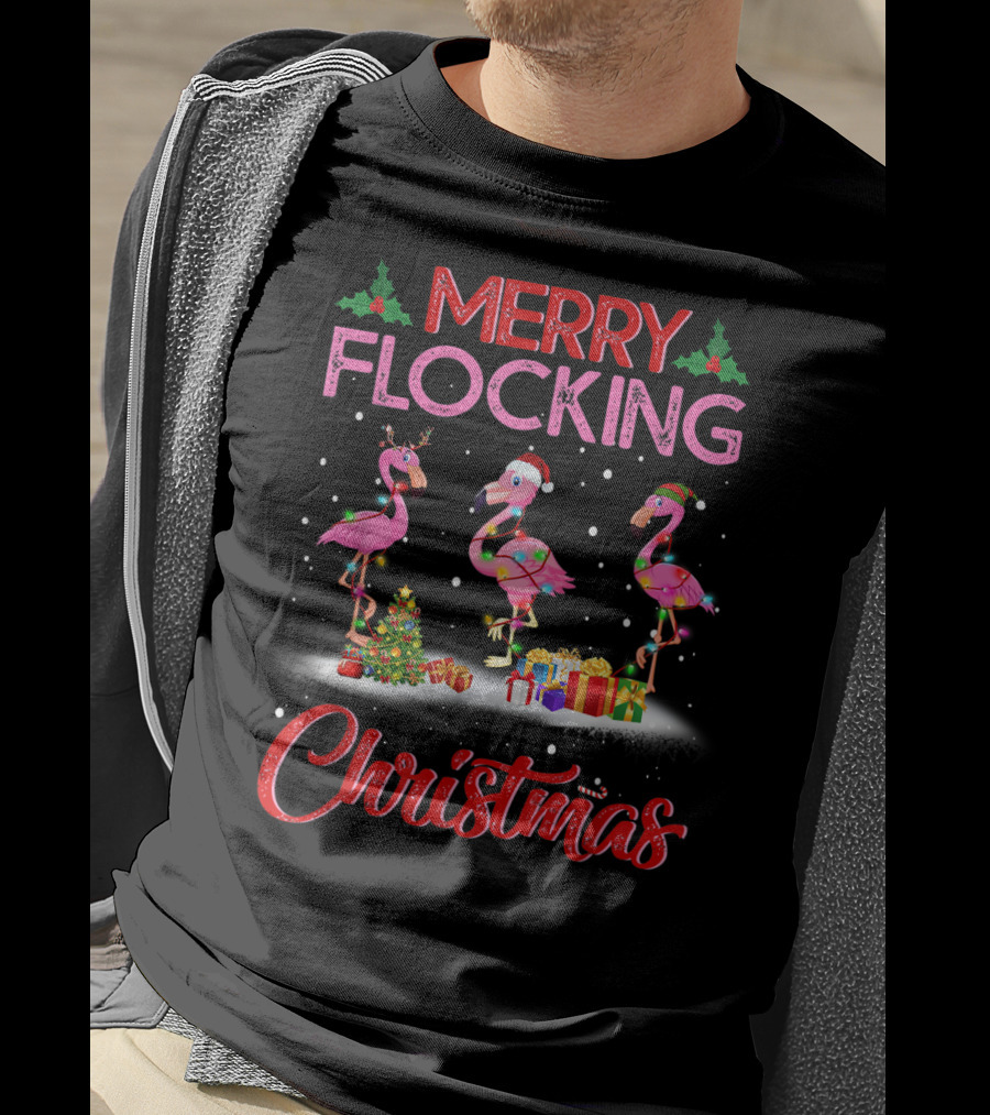 Merry Flocking Christmas Flamingo Pink Holiday Scene With Presents And Snowflakes T-Shirt