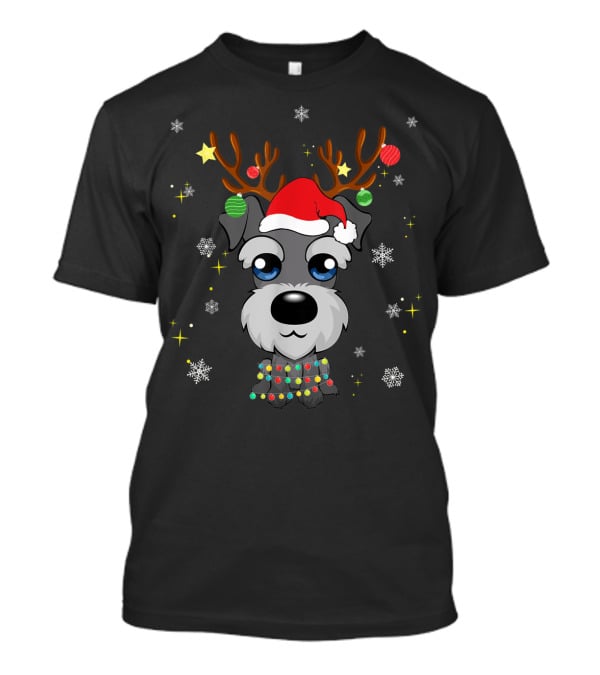 Miniature Schnauzer Reindeer Santa Hat Christmas Lights Snowflakes Stars T-Shirt