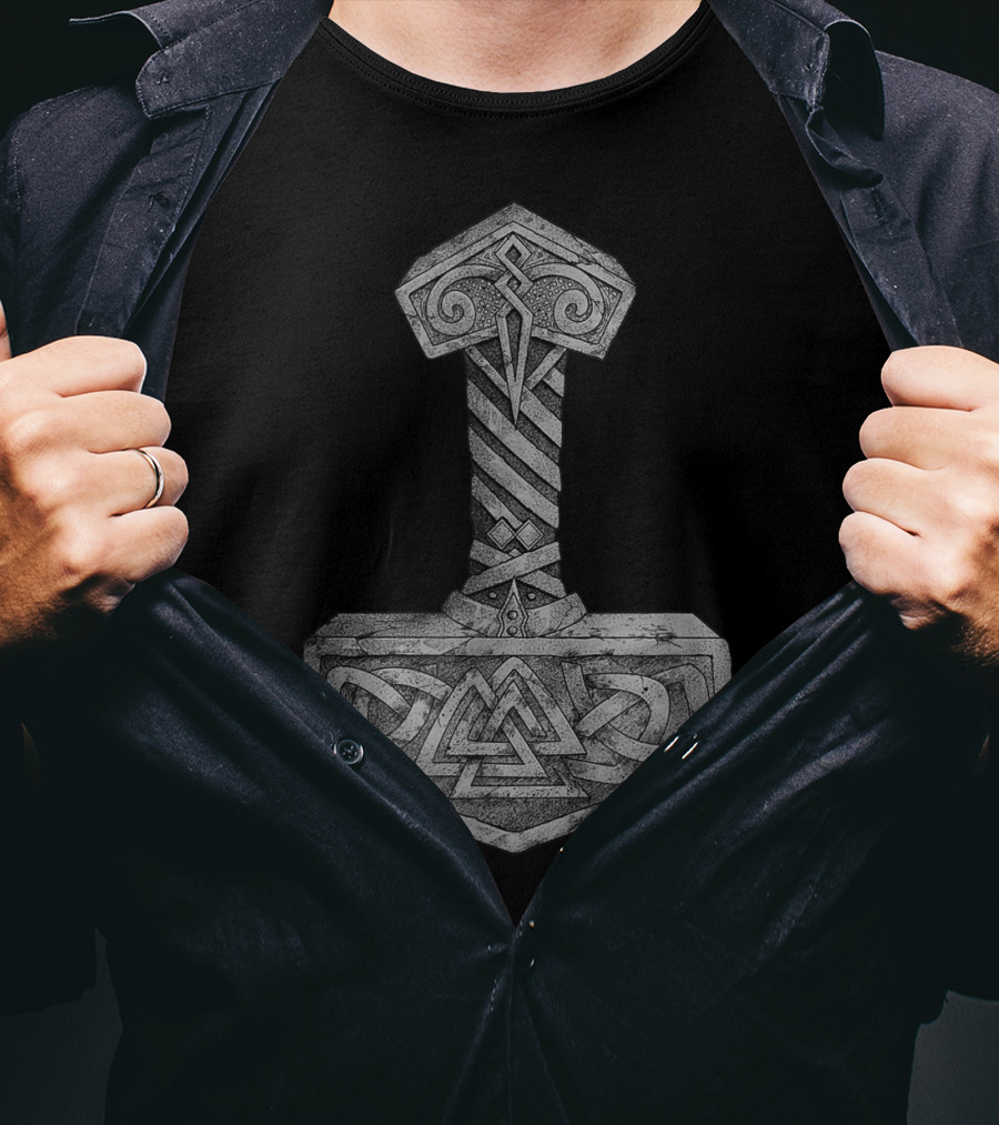 Mjolnir Thor's Hammer With Valknut Symbol Norse Mythology Viking T-Shirt