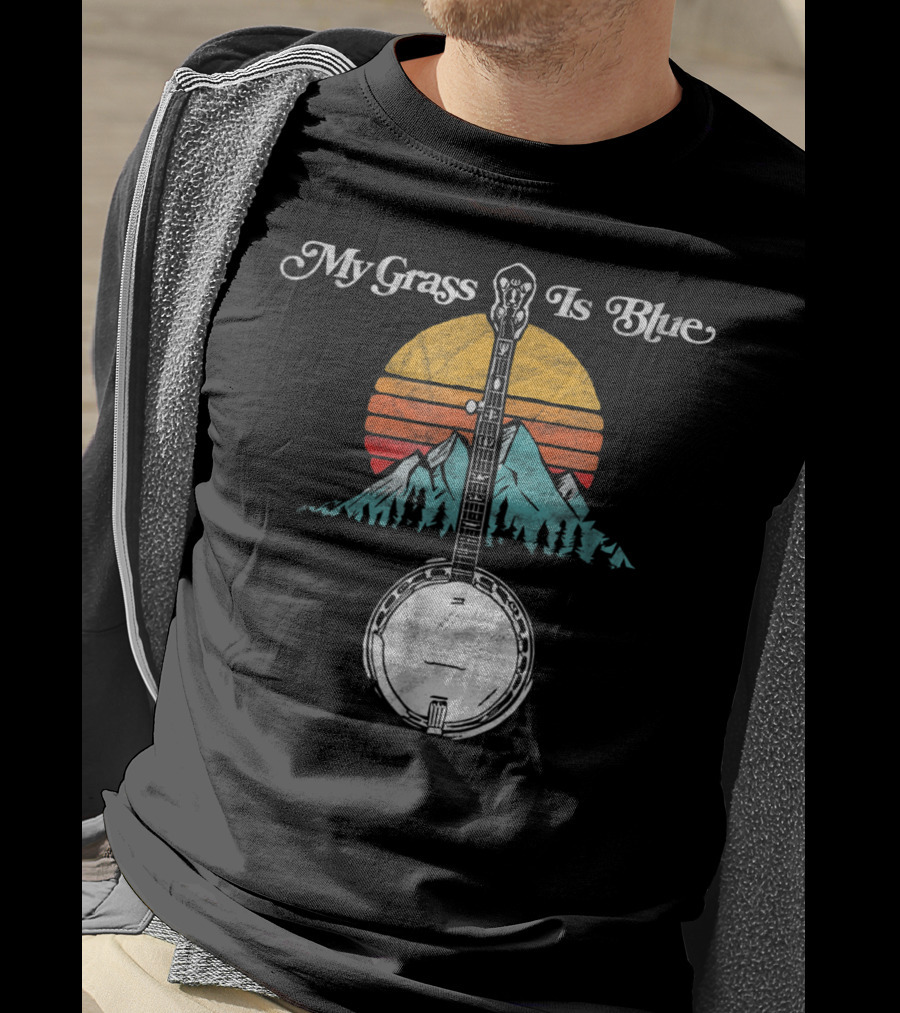 My Grass Is Blue Rocky Mountain Banjo Sunset Mountain Scene T-Shirt