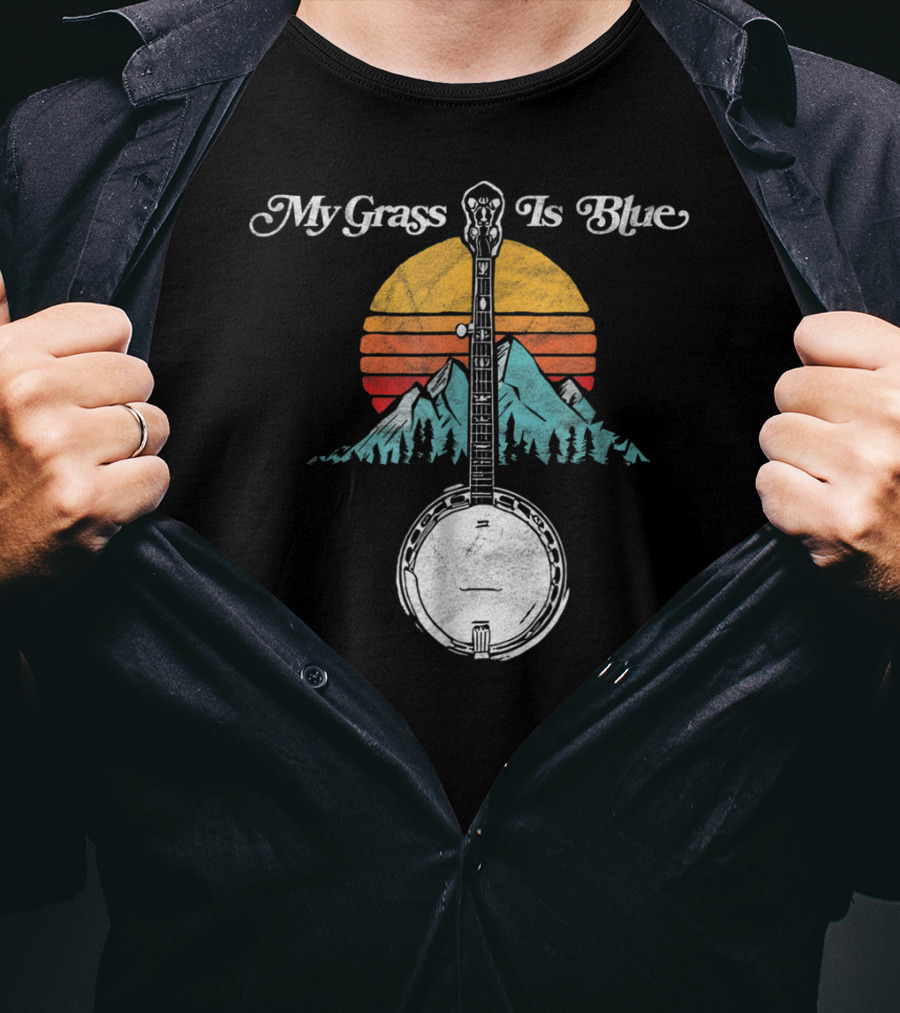 My Grass Is Blue Rocky Mountain Banjo Sunset Mountain Scene T-Shirt