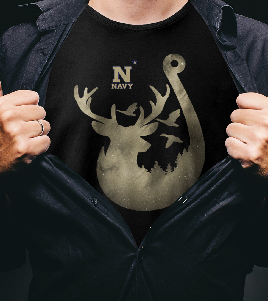 Navy Midshipmen Deer Galaxy Hook With Birds And Starry Sky T-Shirt