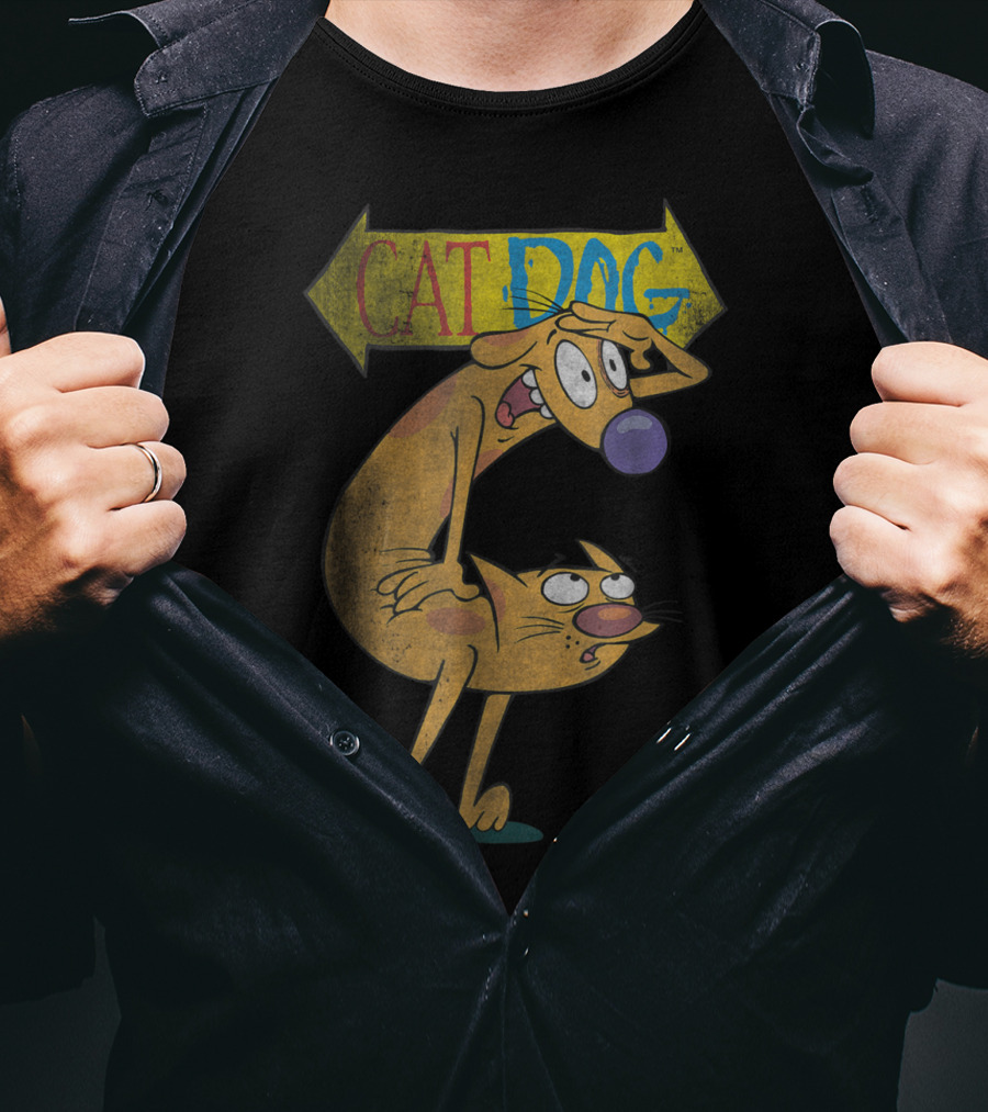 Nickelodeon CatDog Characters With Yellow Direction Arrow T-Shirt