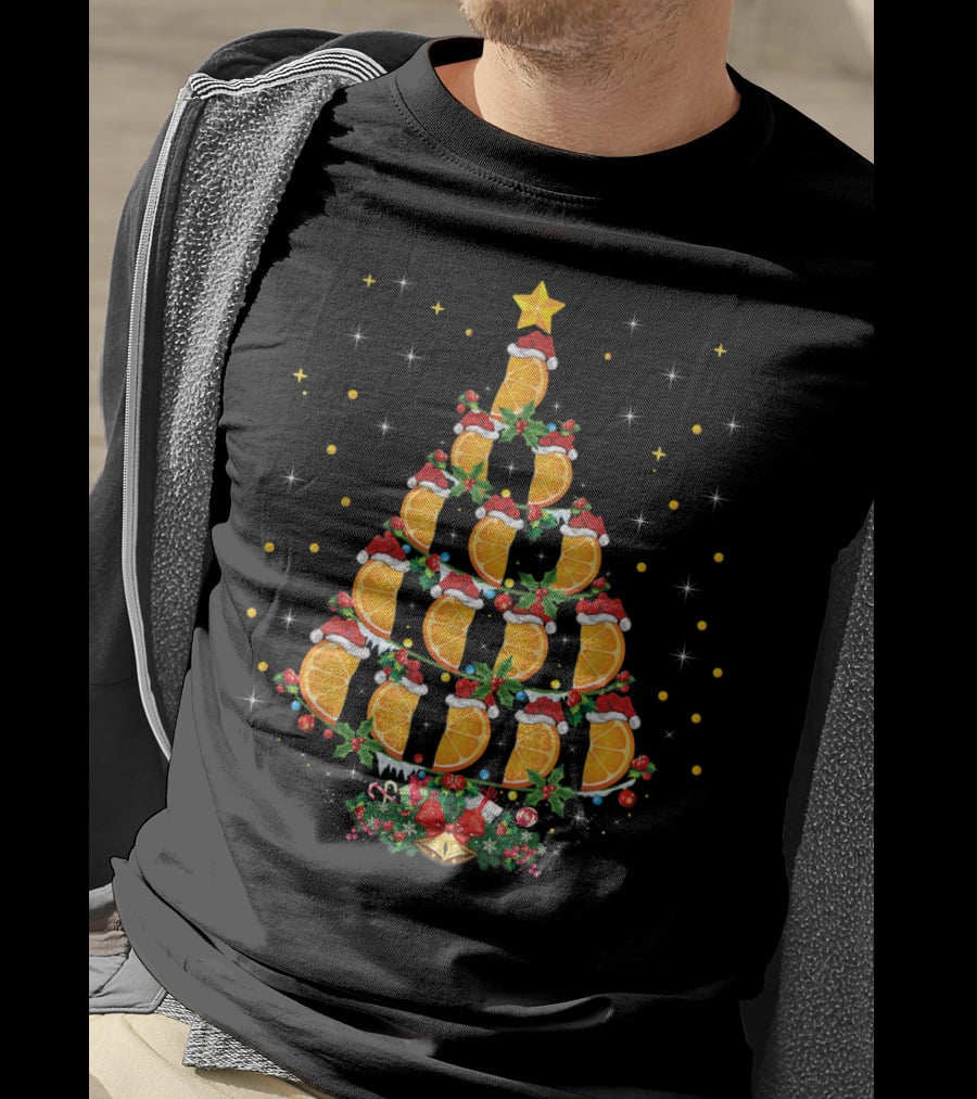 Orange Christmas Tree With Citrus Fruit And Santa Hats T-Shirt