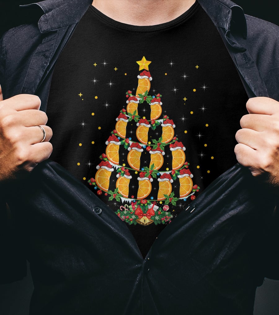 Orange Christmas Tree With Citrus Fruit And Santa Hats T-Shirt