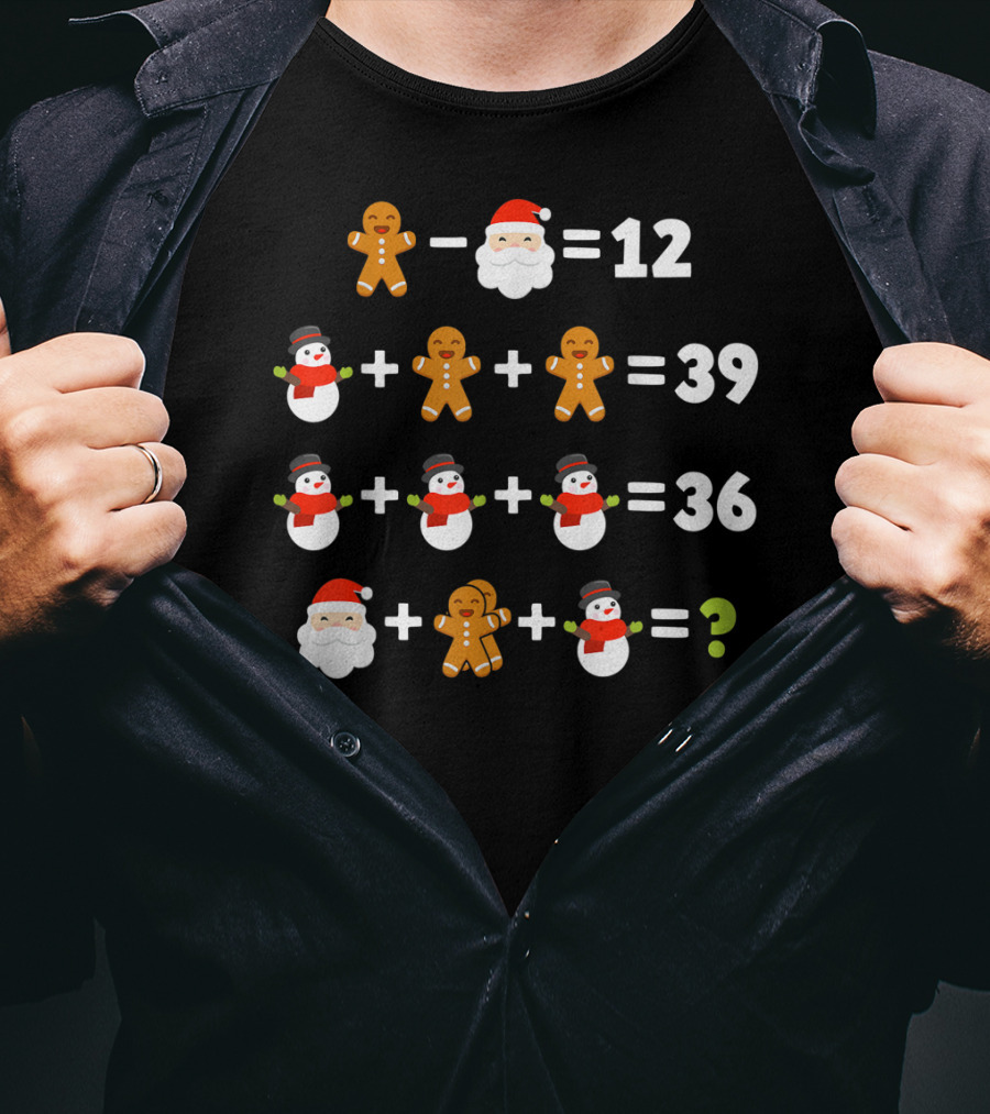 Gingerbread Santa Snowman Christmas Math Puzzle Equation Mystery T-Shirt
