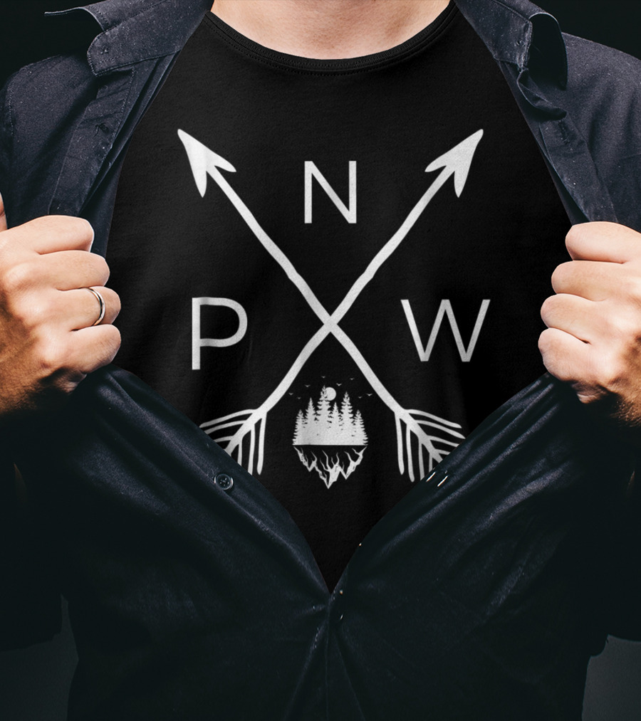 PNW Crossed Arrows And Forest Scene With Moon T-Shirt