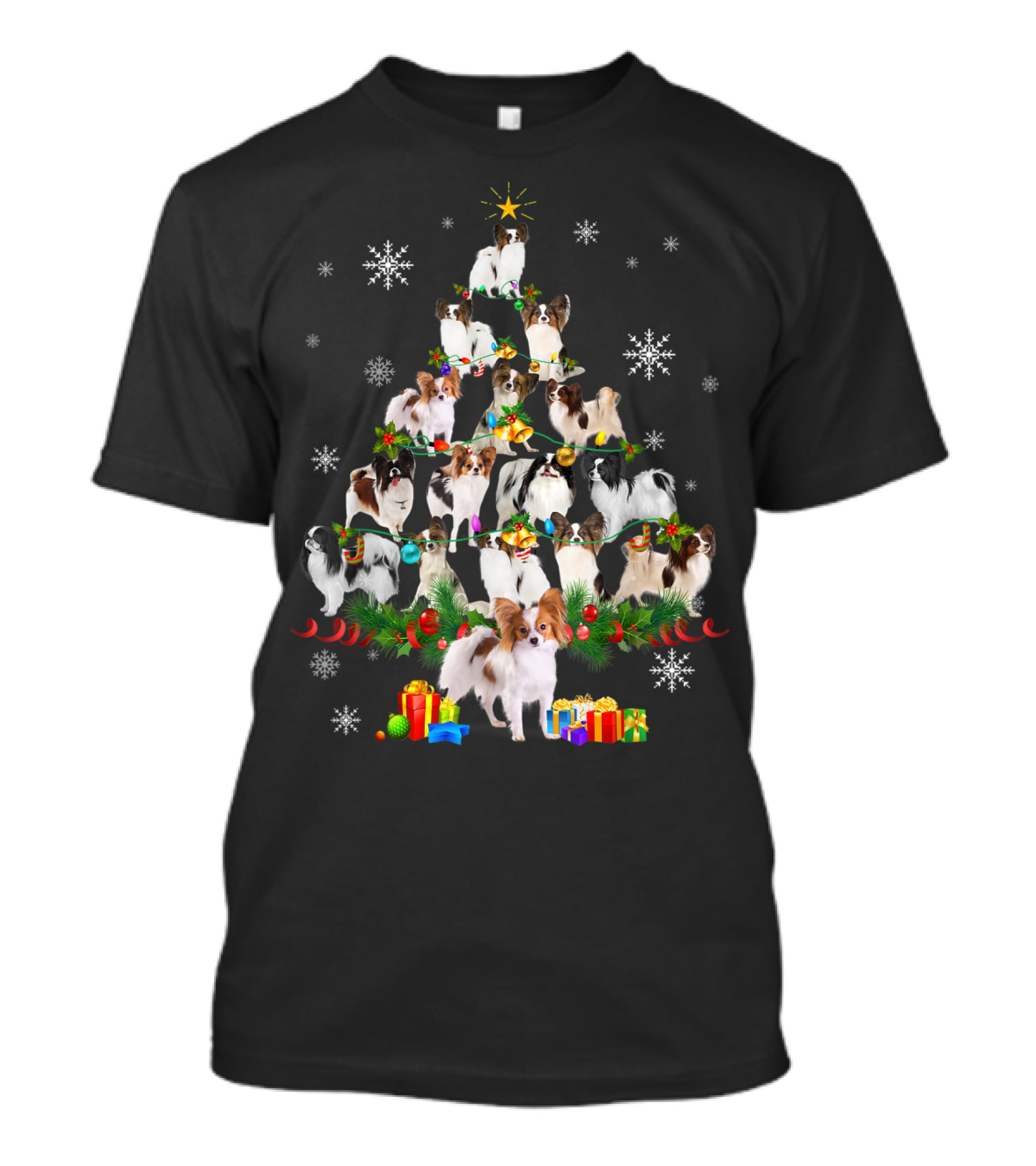 Papillon Dog Christmas Tree Lights With Snowflakes And Presents T-Shirt