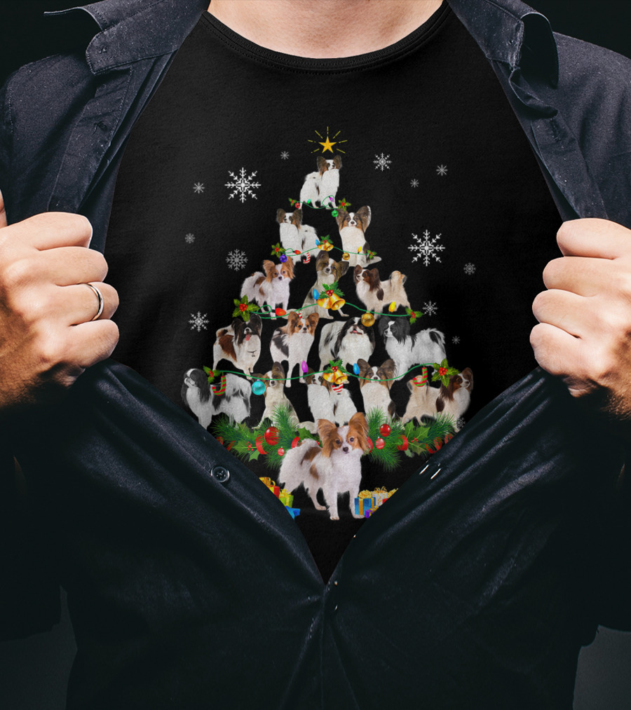Papillon Dog Christmas Tree Lights With Snowflakes And Presents T-Shirt