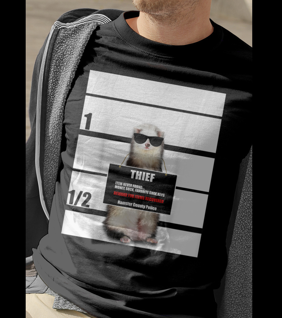Pet Ferret Thief Mugshot Hamster County Police Funny Ferret Reward For Items Recovered T-Shirt