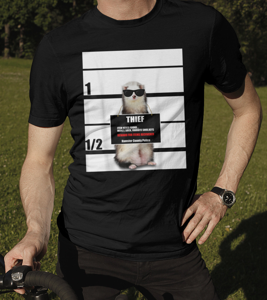Pet Ferret Thief Mugshot Hamster County Police Funny Ferret Reward For Items Recovered T-Shirt
