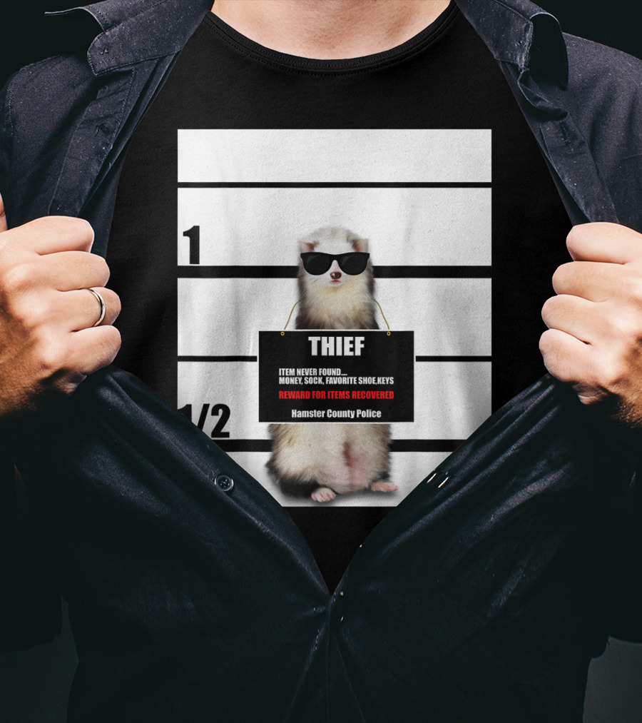 Pet Ferret Thief Mugshot Hamster County Police Funny Ferret Reward For Items Recovered T-Shirt