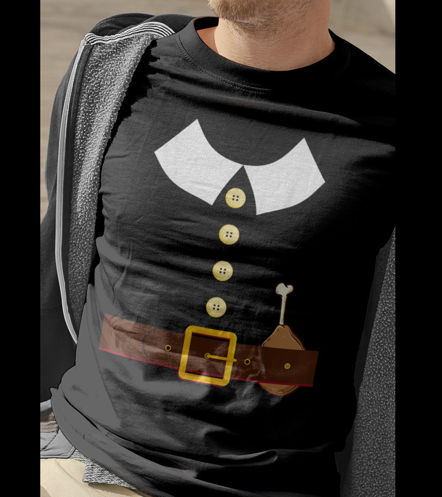 Pilgrim Costume Black Collar Buttons Belt Chicken Leg Colonist T-Shirt