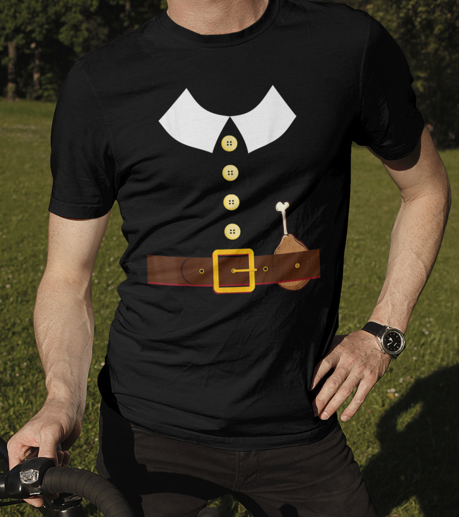 Pilgrim Costume Black Collar Buttons Belt Chicken Leg Colonist T-Shirt