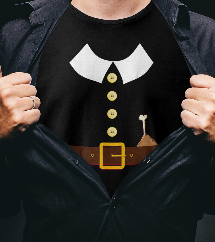 Pilgrim Costume Black Collar Buttons Belt Chicken Leg Colonist T-Shirt