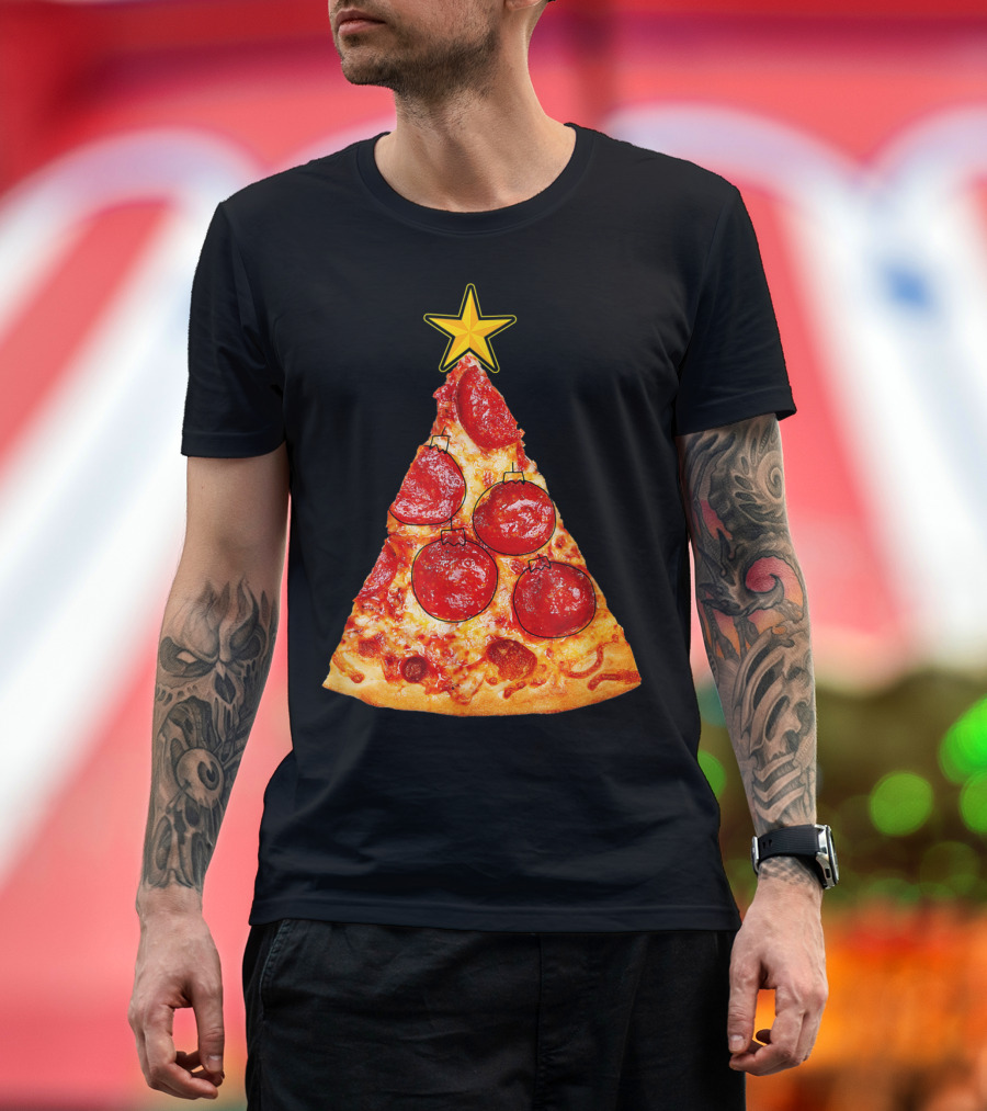 Pizza Slice Christmas Tree With Pepperoni Ornaments And Star Topper T-Shirt