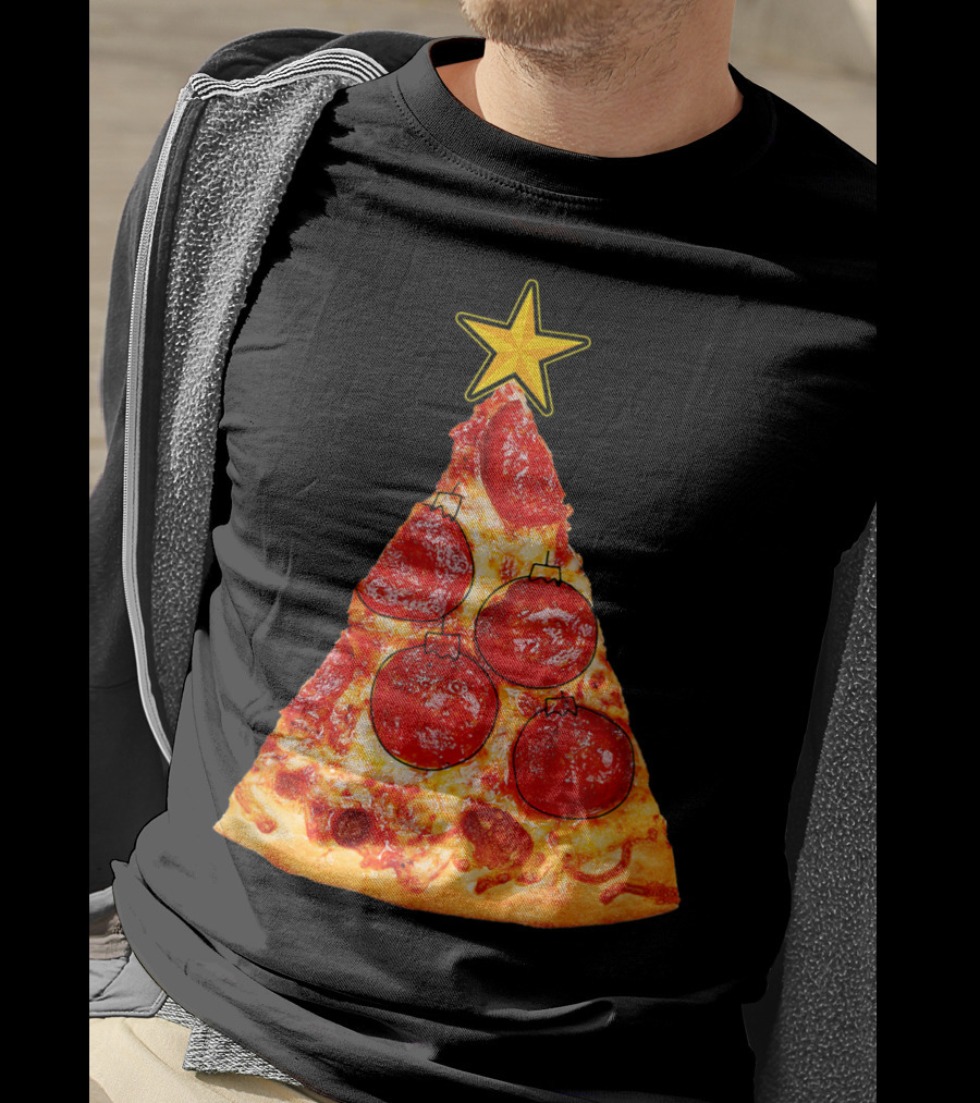 Pizza Slice Christmas Tree With Pepperoni Ornaments And Star Topper T-Shirt