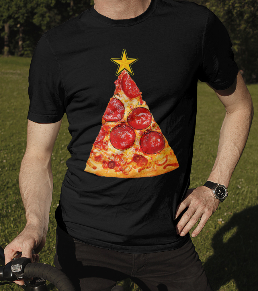 Pizza Slice Christmas Tree With Pepperoni Ornaments And Star Topper T-Shirt