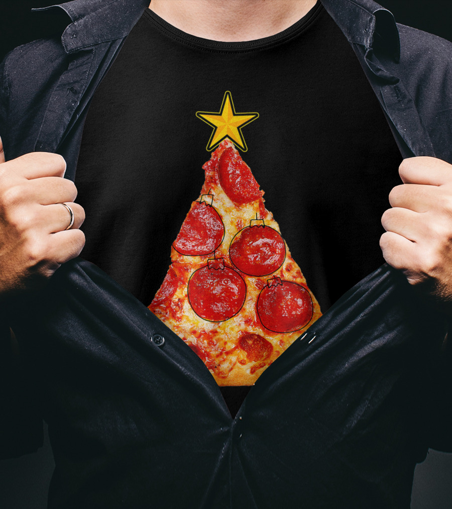 Pizza Slice Christmas Tree With Pepperoni Ornaments And Star Topper T-Shirt