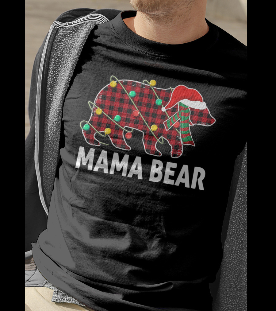Mama Bear Plaid Santa Hat Christmas Lights T-Shirt