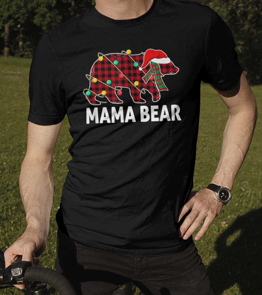 Mama Bear Plaid Santa Hat Christmas Lights T-Shirt