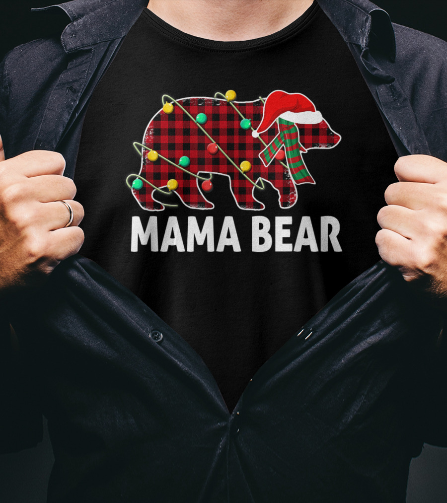 Mama Bear Plaid Santa Hat Christmas Lights T-Shirt