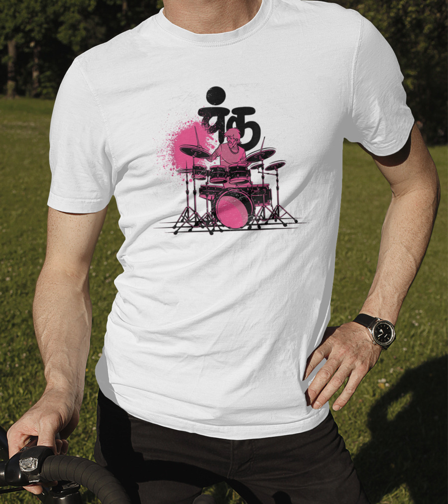 Pink Punk Band Drummer Graphic With Drum Set And Grunge Effect T-Shirt