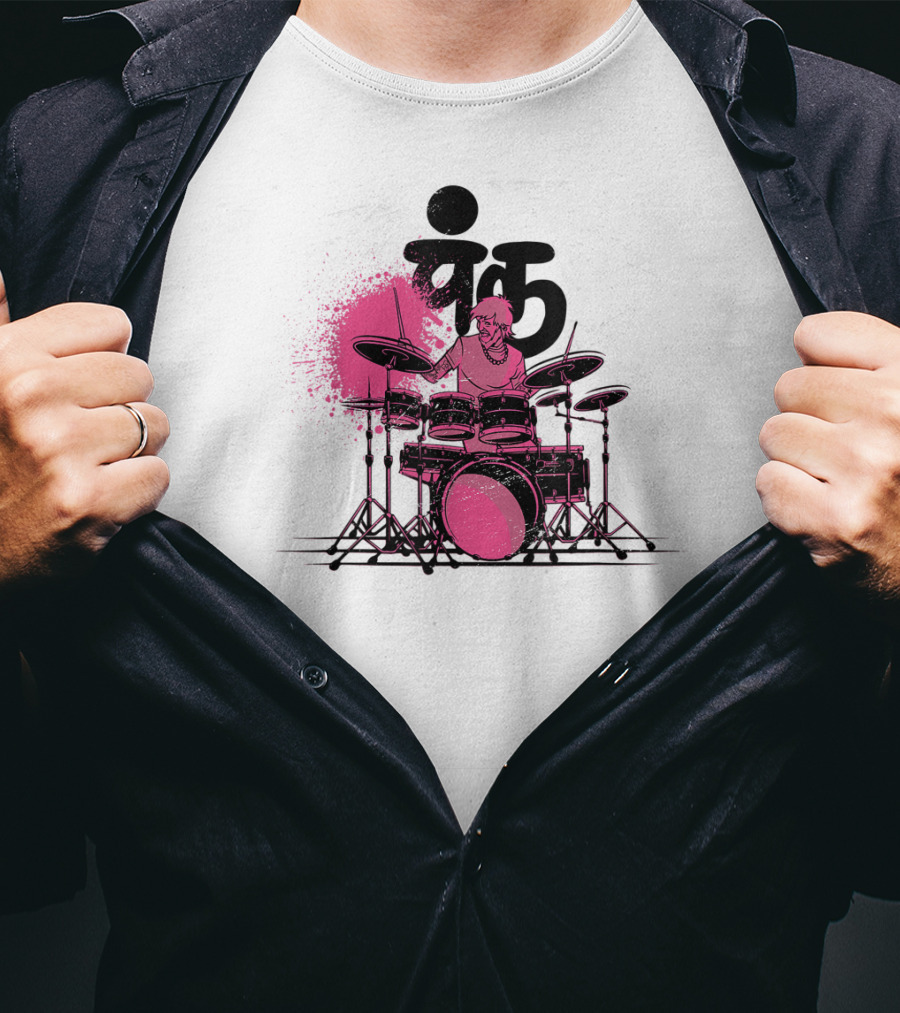 Pink Punk Band Drummer Graphic With Drum Set And Grunge Effect T-Shirt