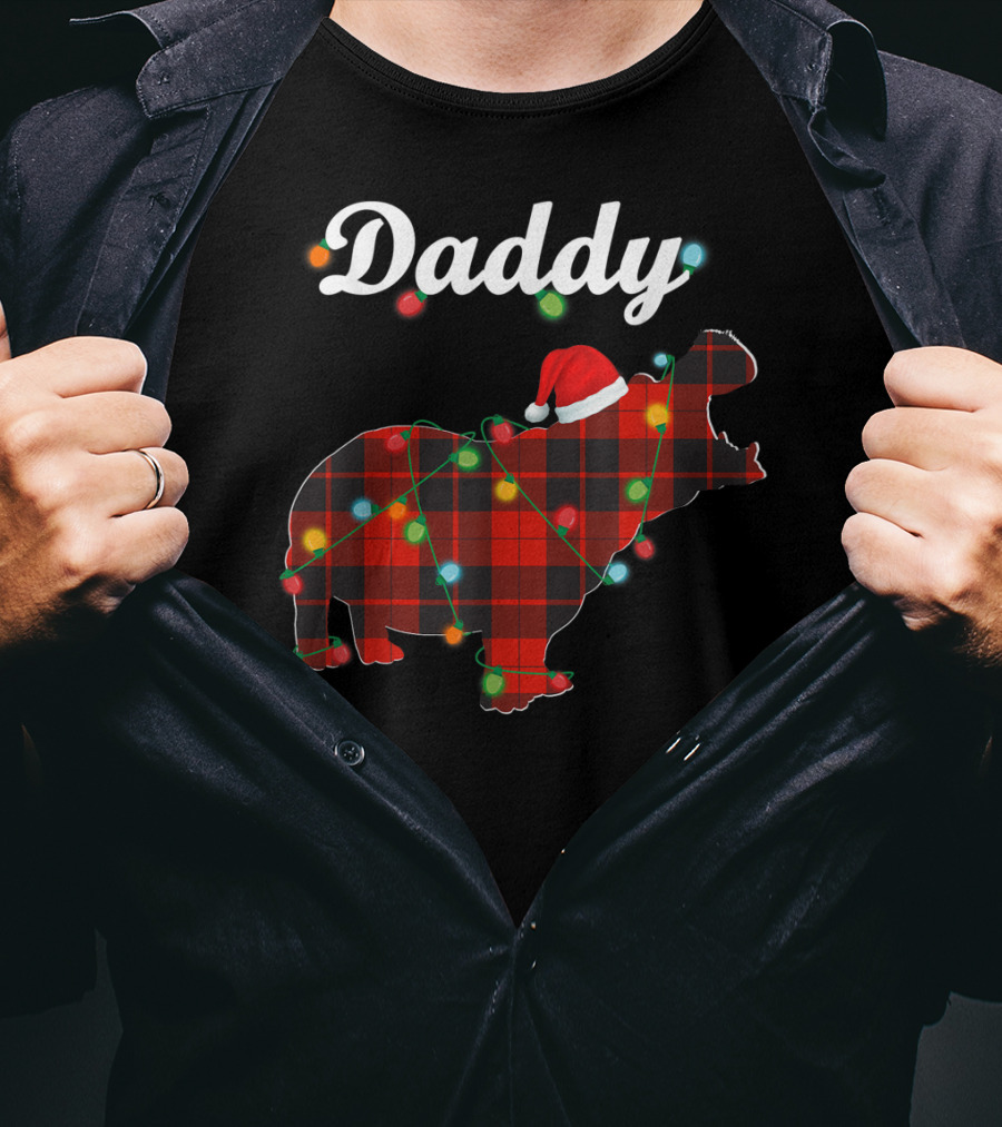 Daddy Red Plaid Hippopotamus Christmas Lights Santa Hat T-Shirt
