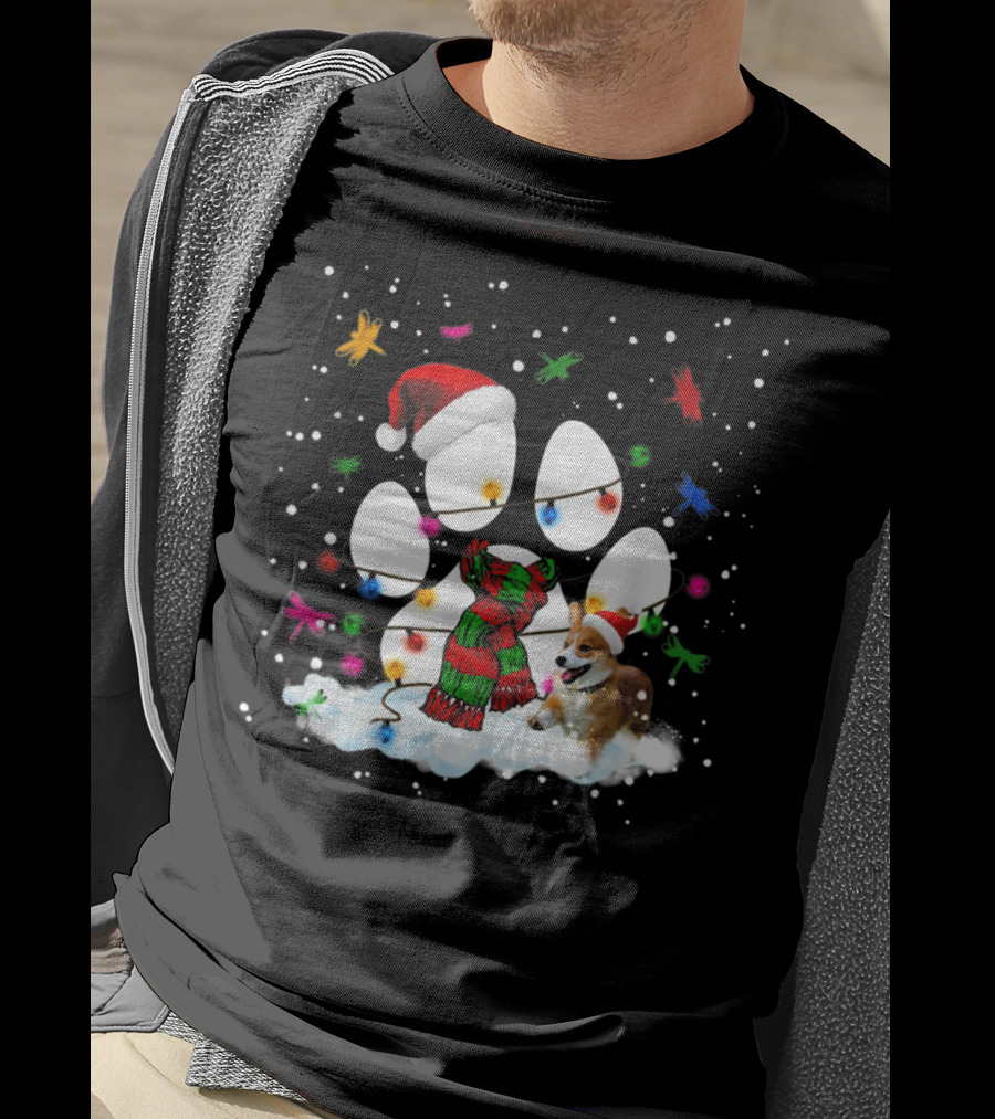 Santa Corgi Paw Print Christmas Lights Snowflakes T-Shirt