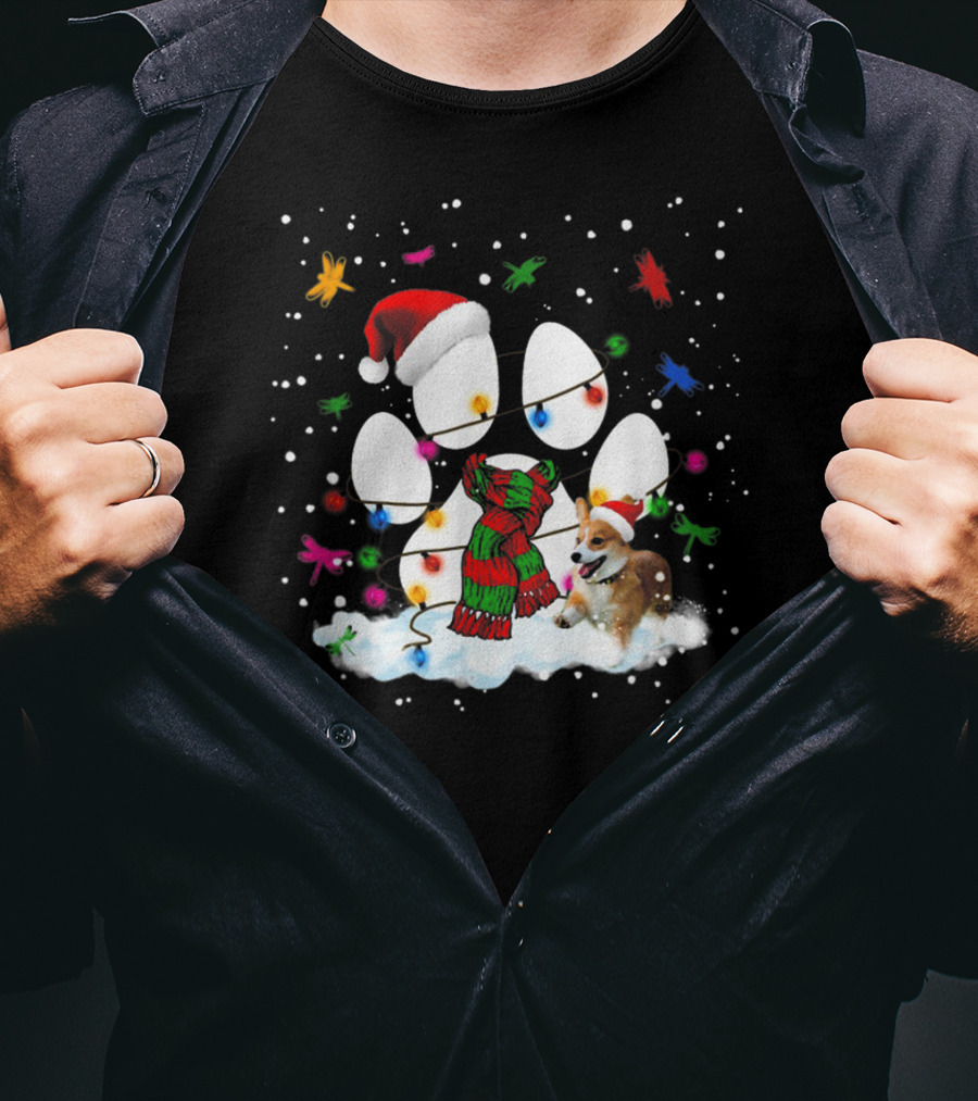 Santa Corgi Paw Print Christmas Lights Snowflakes T-Shirt
