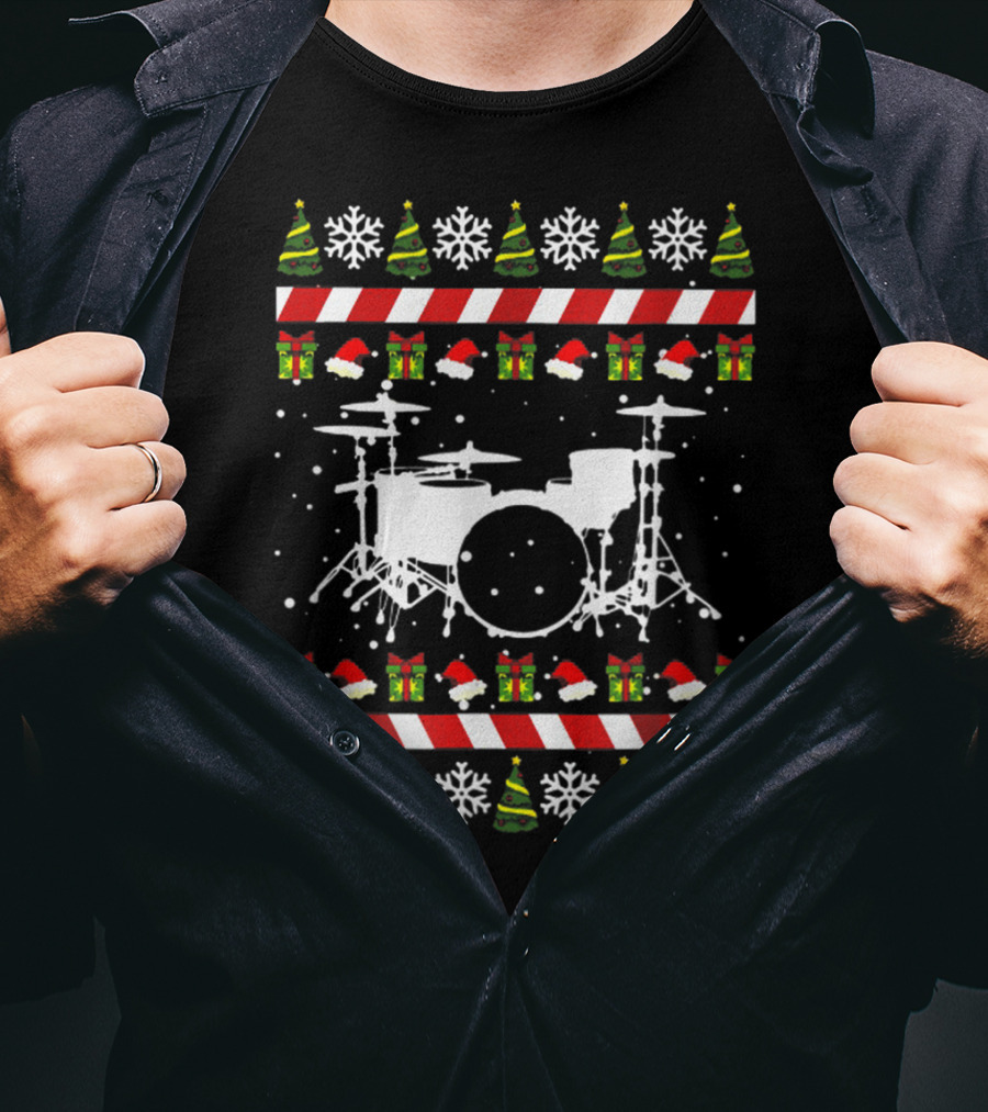 Santa Drummer Ugly Christmas Sweater Drum Kit Snowflakes Trees Gift Boxes T-Shirt