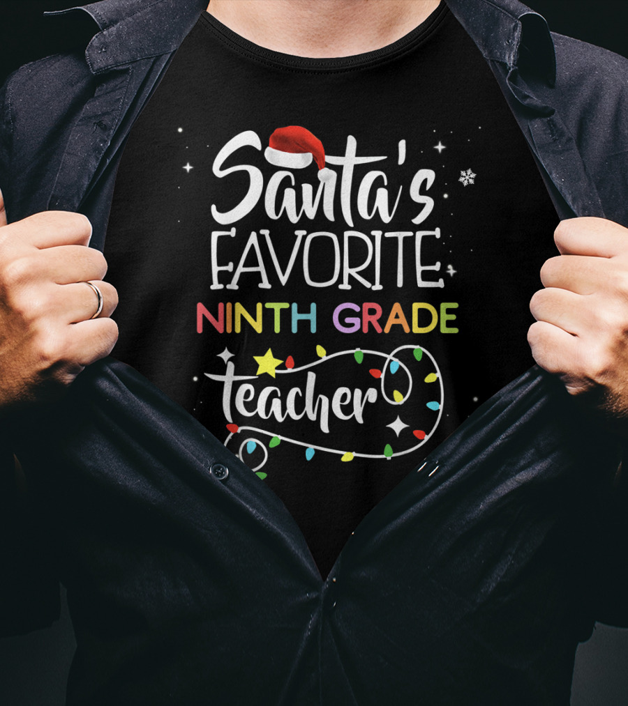 Santa's Favorite Ninth Grade Teacher Christmas Lights Snowflakes T-Shirt