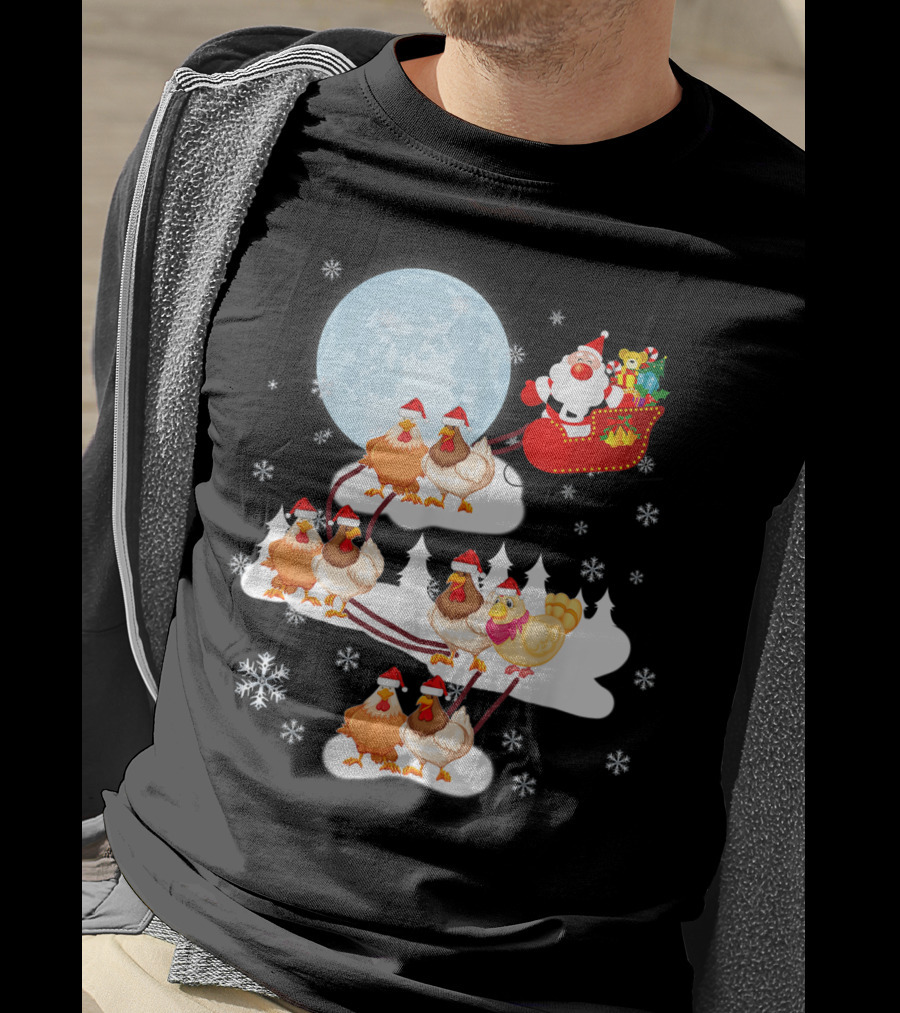 Santa Sleigh Sled Riding Chickens Full Moon Christmas Snowflakes T-Shirt