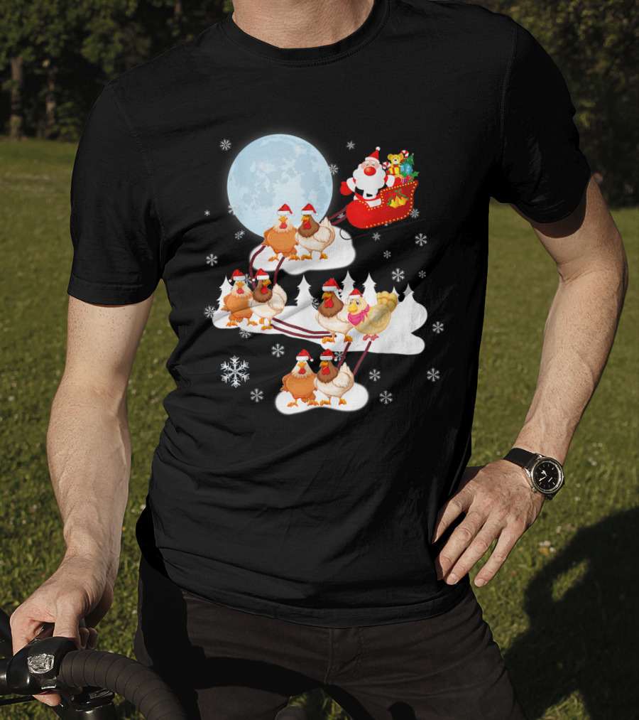 Santa Sleigh Sled Riding Chickens Full Moon Christmas Snowflakes T-Shirt