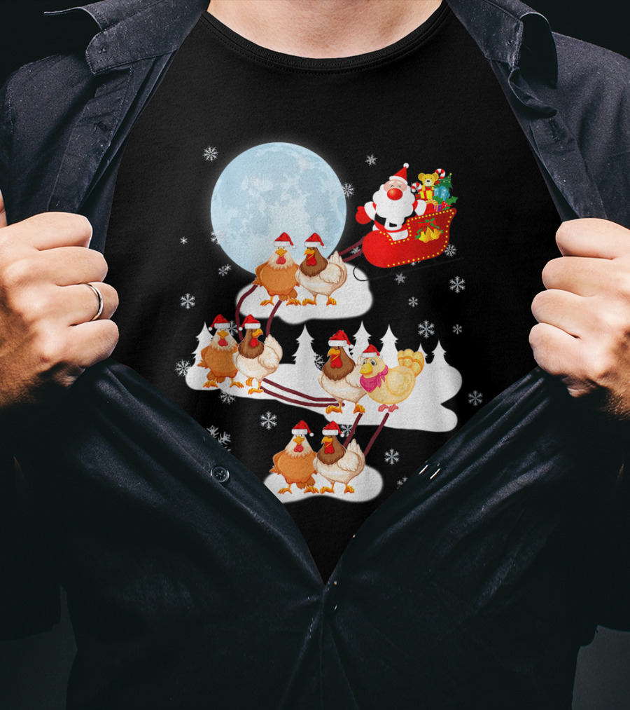 Santa Sleigh Sled Riding Chickens Full Moon Christmas Snowflakes T-Shirt