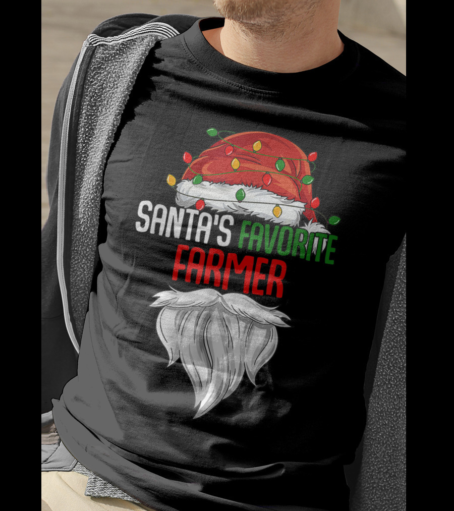Santa's Favorite Farmer Christmas Beard And Hat Lights T-Shirt