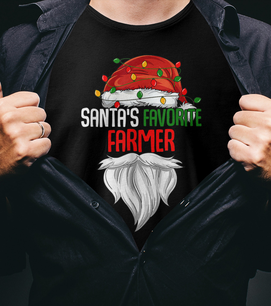 Santa's Favorite Farmer Christmas Beard And Hat Lights T-Shirt