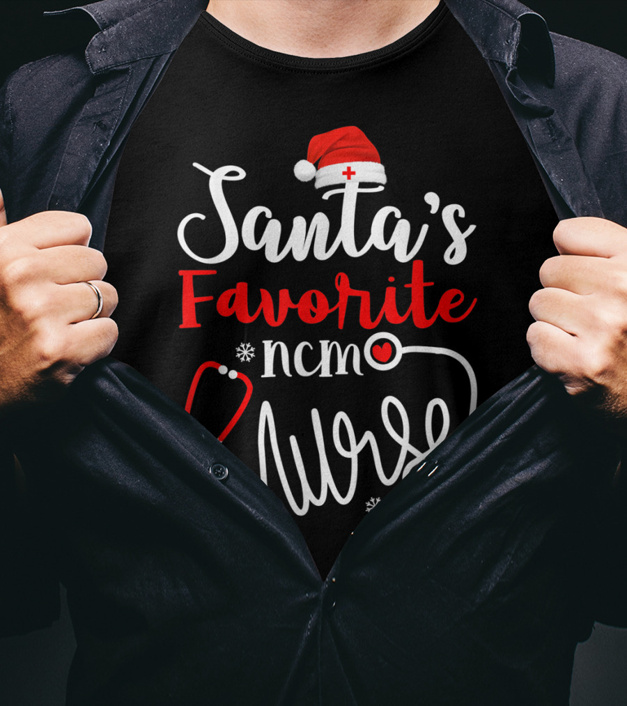Santa's Favorite Ncm Nurse Hat Stethoscope Snowflakes T-Shirt