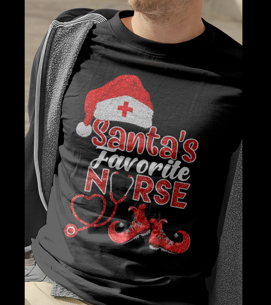 Santa's Favorite Nurse Heart Stethoscope Elf Shoes Merry Xmas Party T-Shirt
