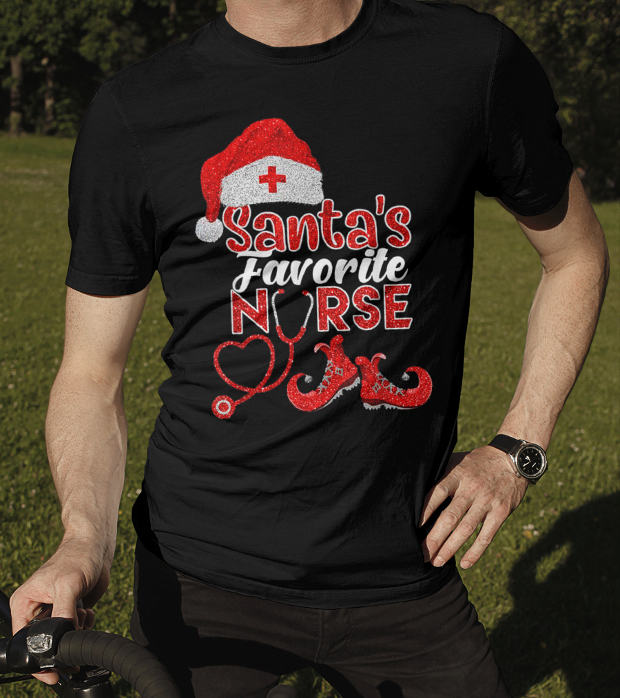 Santa's Favorite Nurse Heart Stethoscope Elf Shoes Merry Xmas Party T-Shirt